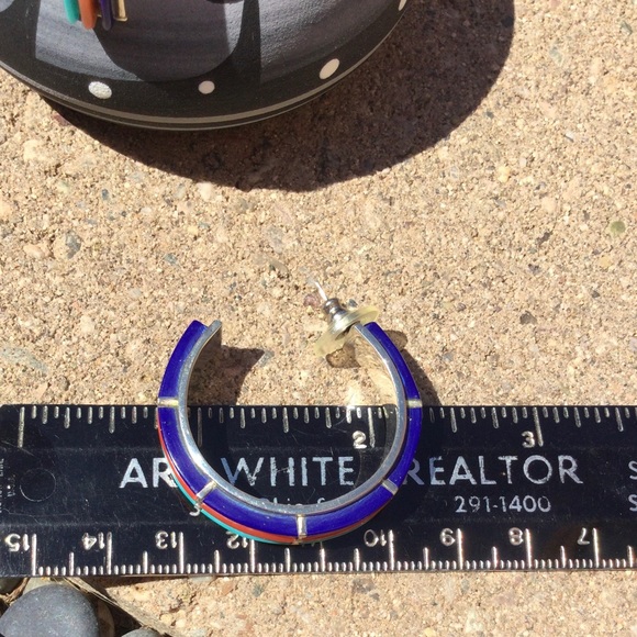 Vintage Native American - Turquoise, Coral & Lapis - Hoop Earrings - Picture 14 of 16